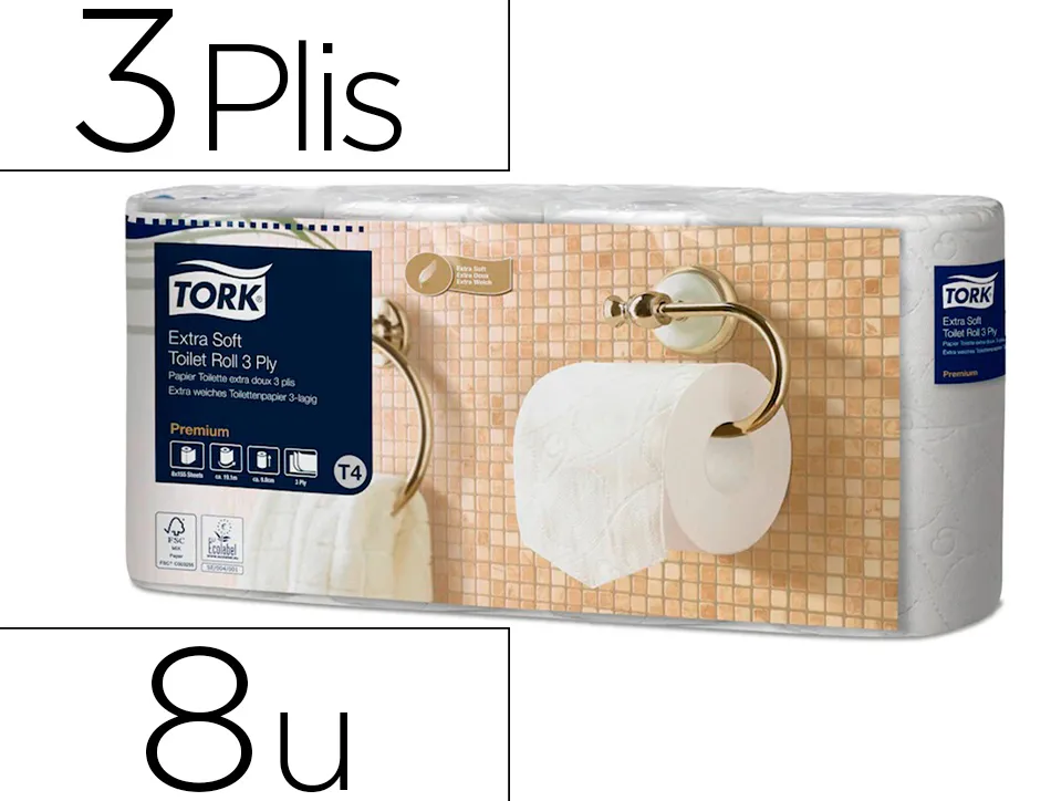 Papier toilette tork premium rouleau traditionnel extra doux 155f 3plis ecolabel paquet de 8 rouleaux