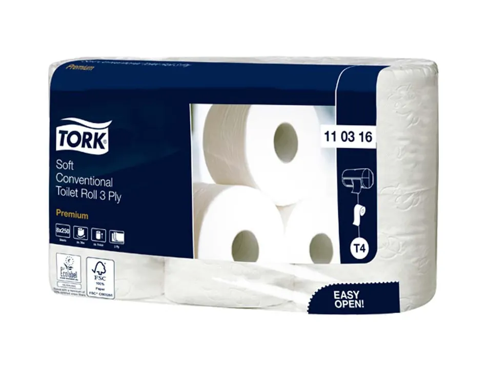 Papier toilette tork t4 premium rouleau traditionnel doux 3 plis blanc 9 packs de 8 rouleaux de 250 feuilles