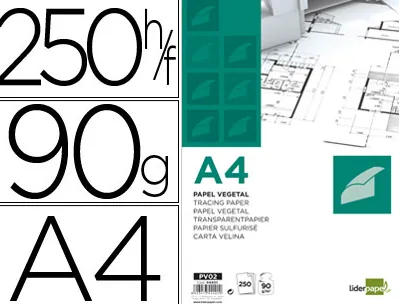 Papier végétal liderpapel calque haute transparence surface régulière satinée 90g/m2 a4 210x297mm