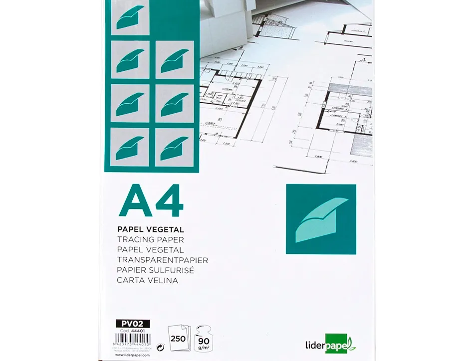 Papier végétal liderpapel calque haute transparence surface régulière satinée 90g/m2 a4 210x297mm