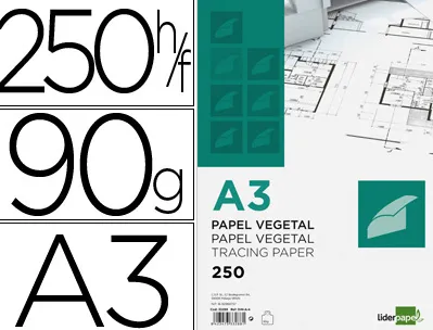 Papier végétal liderpapel calque haute transparence surface régulière satinée 90g/m2 a3 297x420mm
