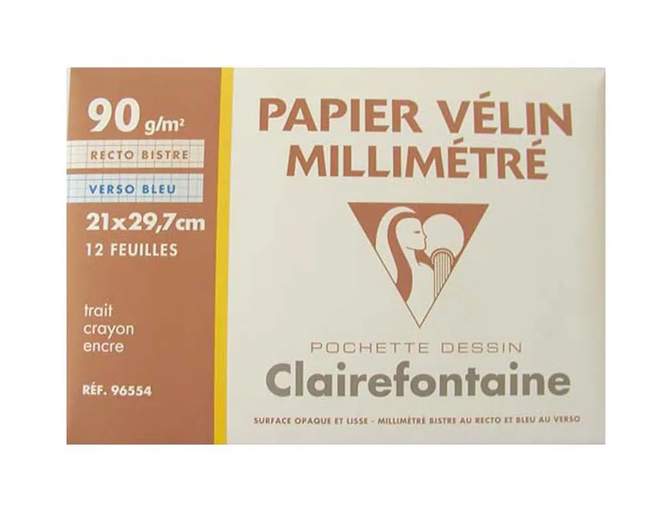 Papier vélin millimétré clairefontaine 90g a4 297x210mm coloris recto bistre verso bleu pochette 12f