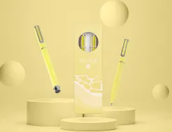 Parure stylo-bille et roller belius endless summer aluminium atributs argent encre bleue coloris jaune coffret cadeau