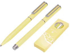 Parure stylo-bille et roller belius endless summer aluminium atributs argent encre bleue coloris jaune coffret cadeau