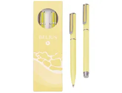 Parure stylo-bille et roller belius endless summer aluminium atributs argent encre bleue coloris jaune coffret cadeau