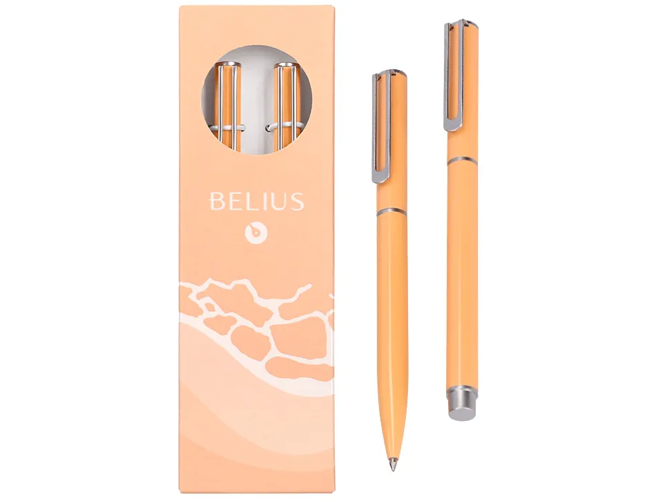 Parure stylo-bille et roller belius endless summer aluminium atributs argent encre bleue coloris orange coffret cadeau