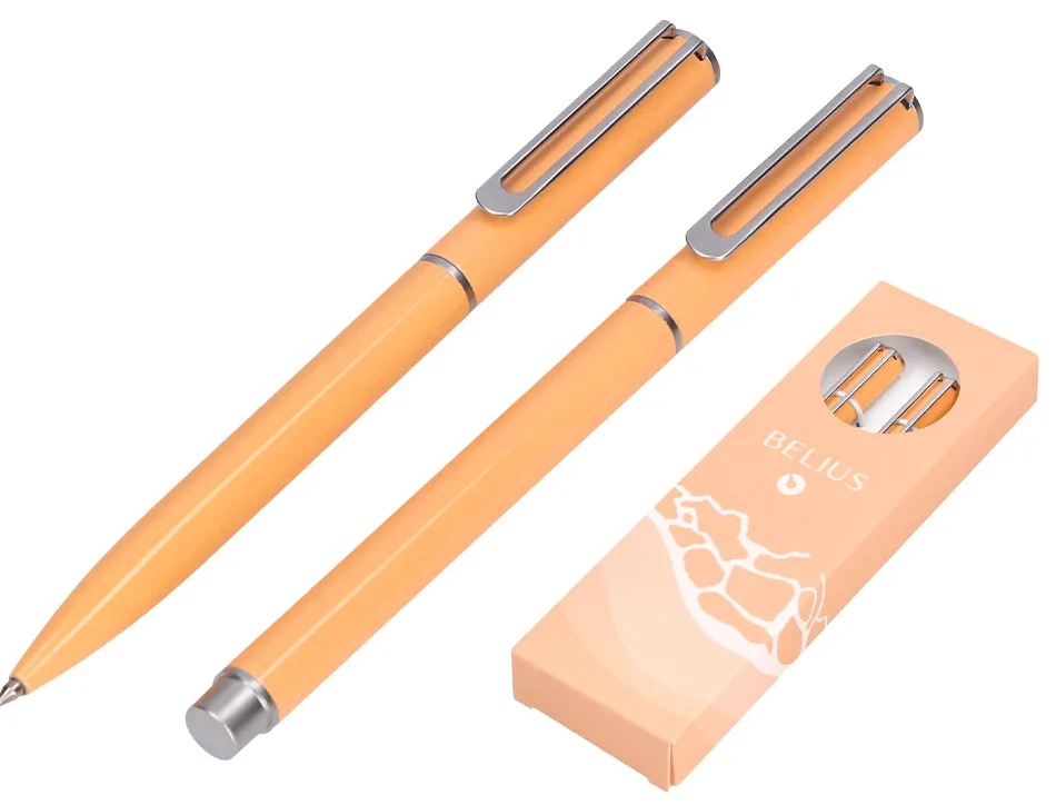 Parure stylo-bille et roller belius endless summer aluminium atributs argent encre bleue coloris orange coffret cadeau