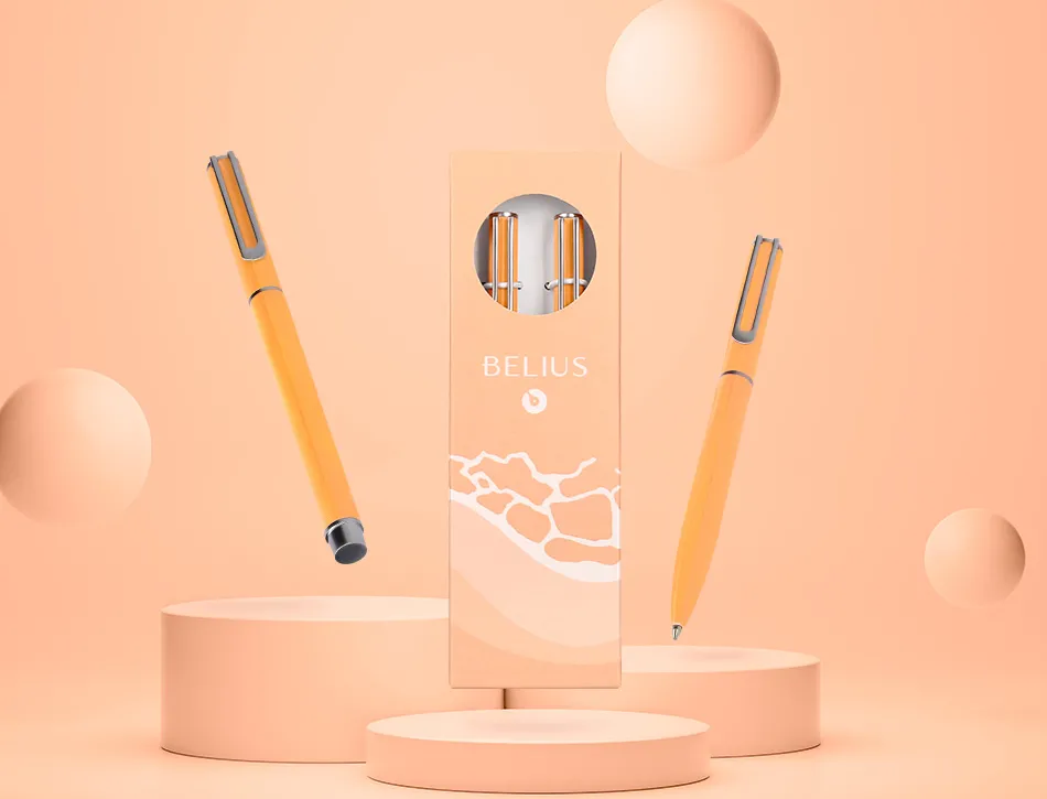 Parure stylo-bille et roller belius endless summer aluminium atributs argent encre bleue coloris orange coffret cadeau