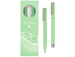 Parure stylo-bille et roller belius endless summer aluminium atributs argent encre bleue coloris vert coffret cadeau