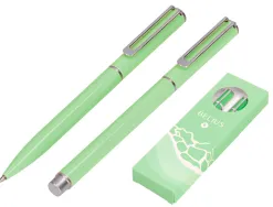 Parure stylo-bille et roller belius endless summer aluminium atributs argent encre bleue coloris vert coffret cadeau