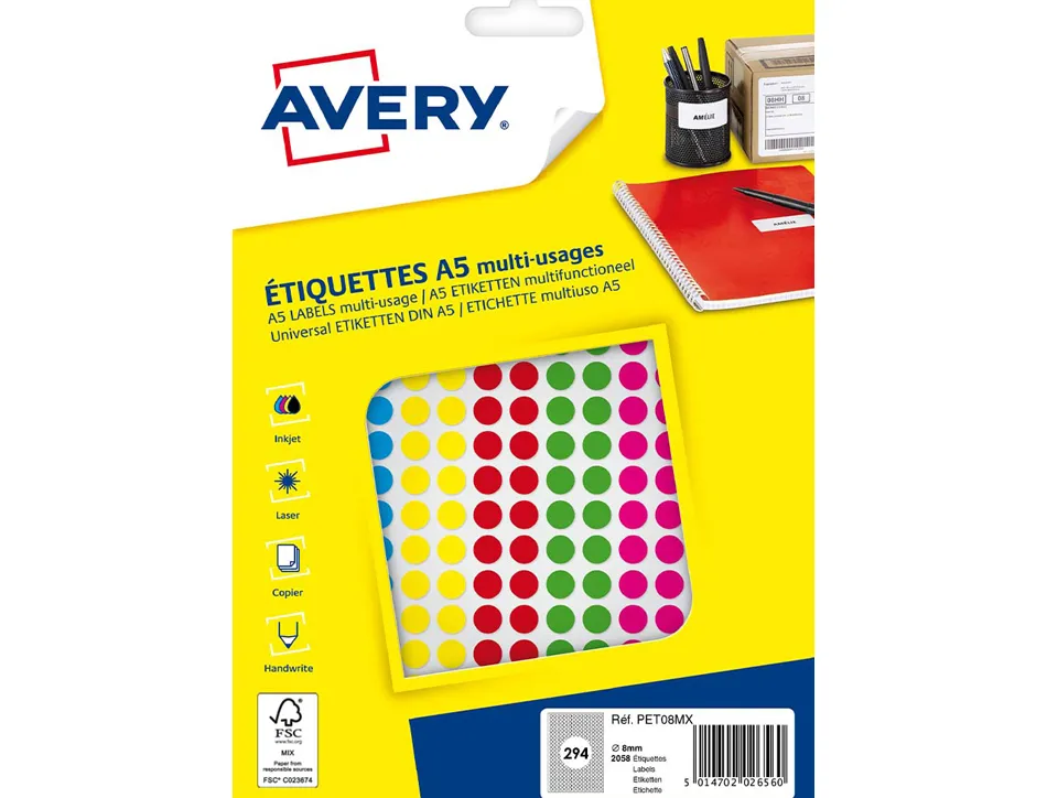 Pastille adhesive apli impression laser jet encre et copieur diametre 8mm permanente coloris assortis
