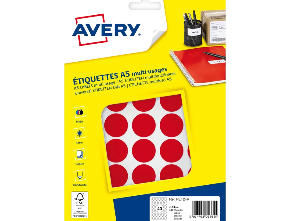 Pastille adhesive apli impression laser jet encre et copieur diametre 24mm permanente coloris rouge