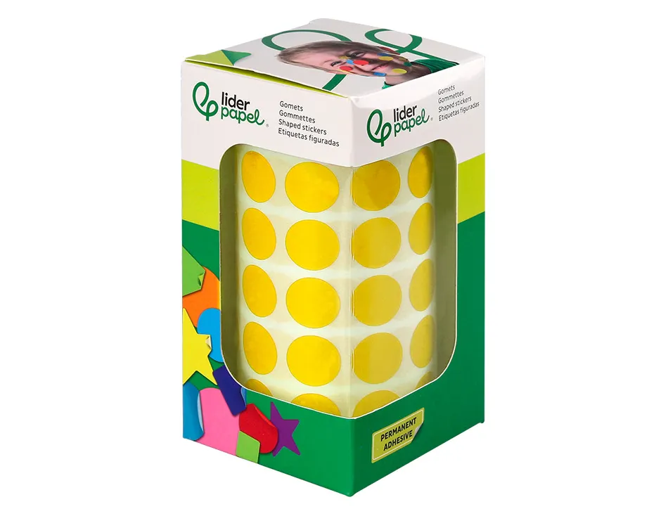 Pastille adhesive liderpapel diametre 15mm coloris jaune rouleau 2500 unites boite carton