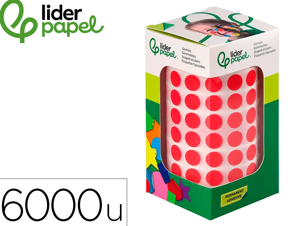 Pastille adhesive liderpapel diametre 10,5mm coloris rouge rouleau 6000 unites boite carton