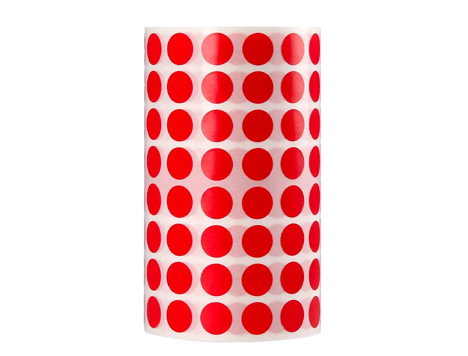 Pastille adhesive liderpapel diametre 10,5mm coloris rouge rouleau 6000 unites boite carton
