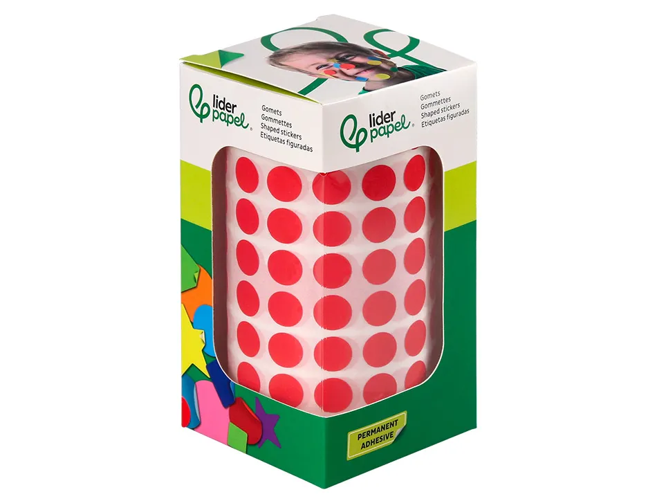 Pastille adhesive liderpapel diametre 10,5mm coloris rouge rouleau 6000 unites boite carton