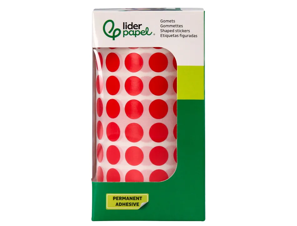 Pastille adhesive liderpapel diametre 10,5mm coloris rouge rouleau 6000 unites boite carton