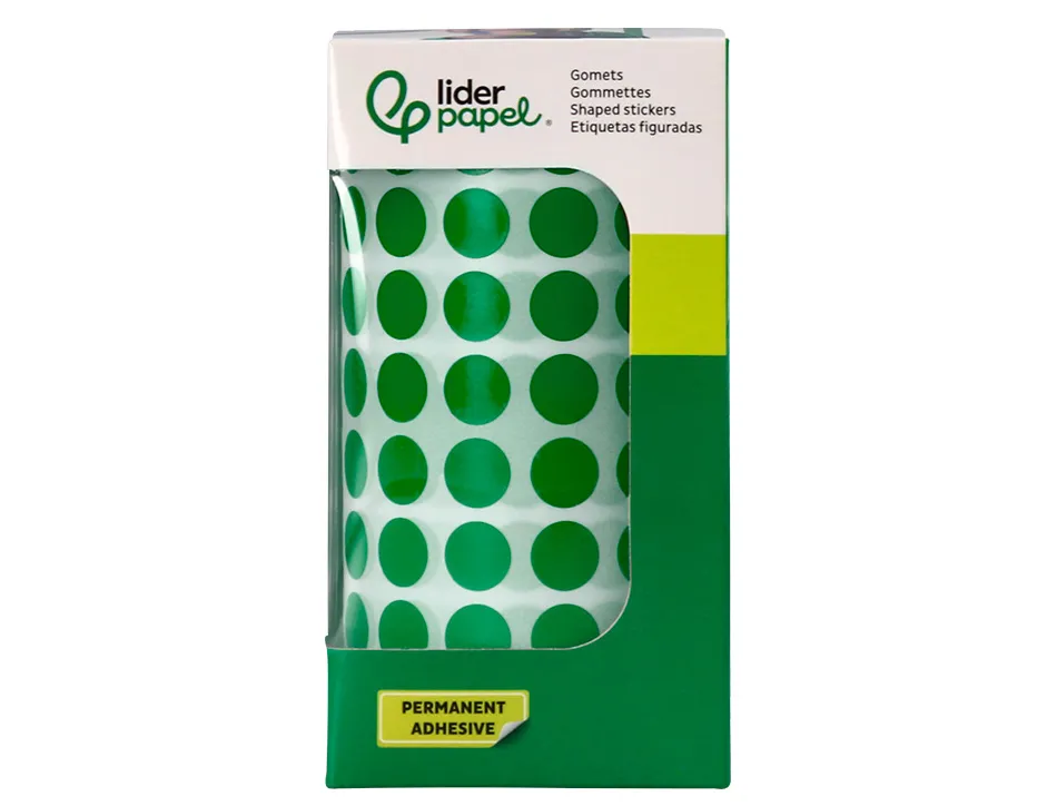 Pastille adhesive liderpapel diametre 10,5mm coloris vert rouleau 6000 unites boite carton