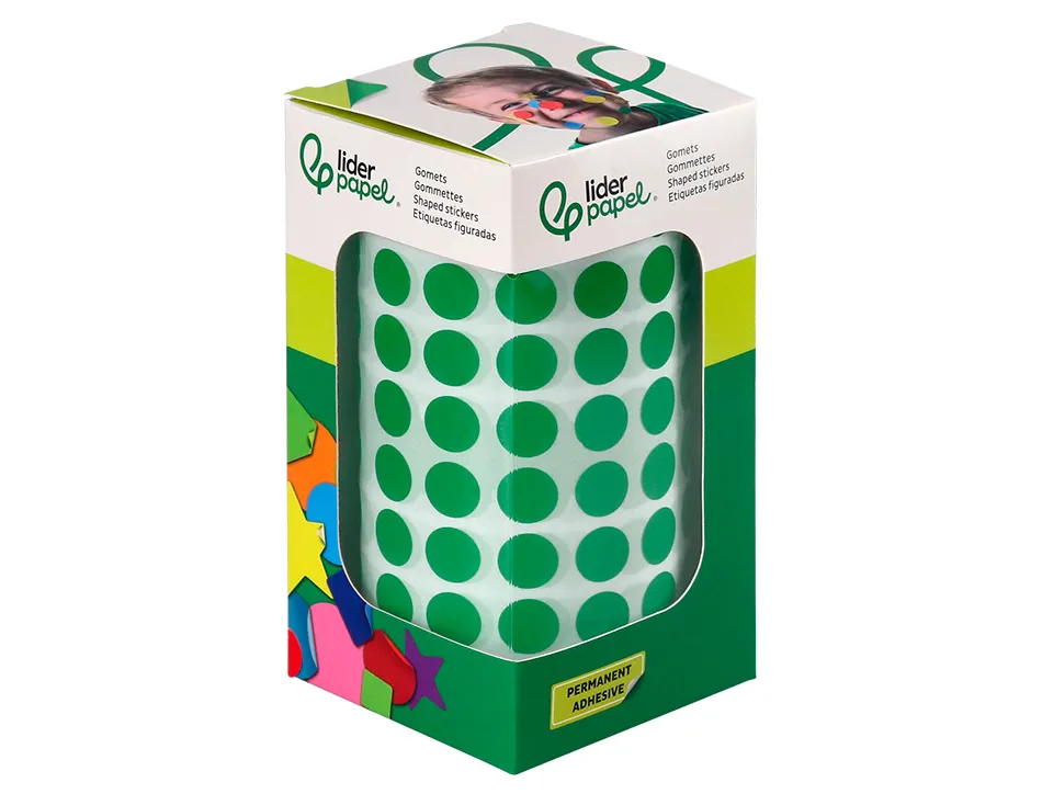 Pastille adhesive liderpapel diametre 10,5mm coloris vert rouleau 6000 unites boite carton
