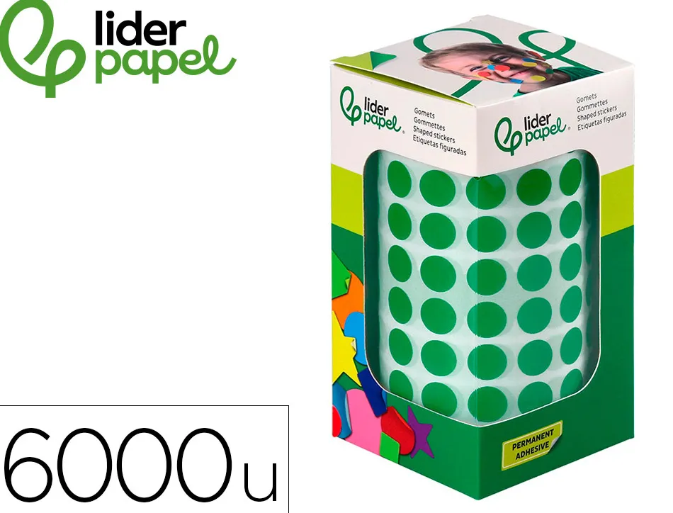 Pastille adhesive liderpapel diametre 10,5mm coloris vert rouleau 6000 unites boite carton