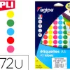 Pastille adhésive apli agipa diamètre 15mm coloris assortis pochette 672 unités