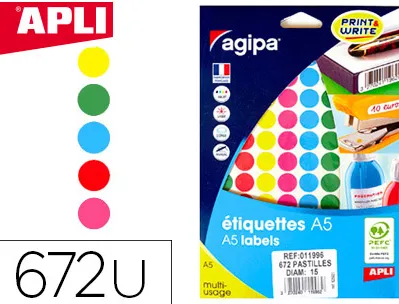 Pastille adhésive apli agipa diamètre 15mm coloris assortis pochette 672 unités