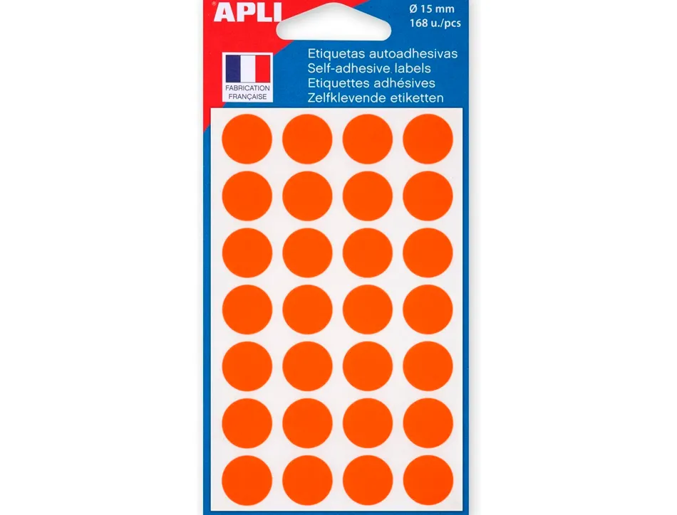 Pastille adhésive apli agipa diamètre 15mm permanente coloris orange pochette 168 unités