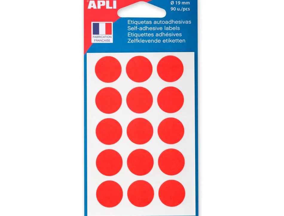 Pastille adhésive apli agipa diamètre 19mm permanente coloris rouge pochette 90 unités