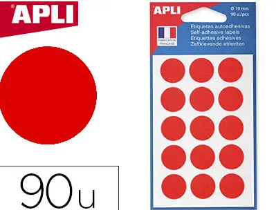 Pastille adhésive apli agipa diamètre 19mm permanente coloris rouge pochette 90 unités