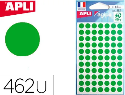 Pastille adhésive apli agipa diamètre 8 mm coloris vert pochette 462 unités