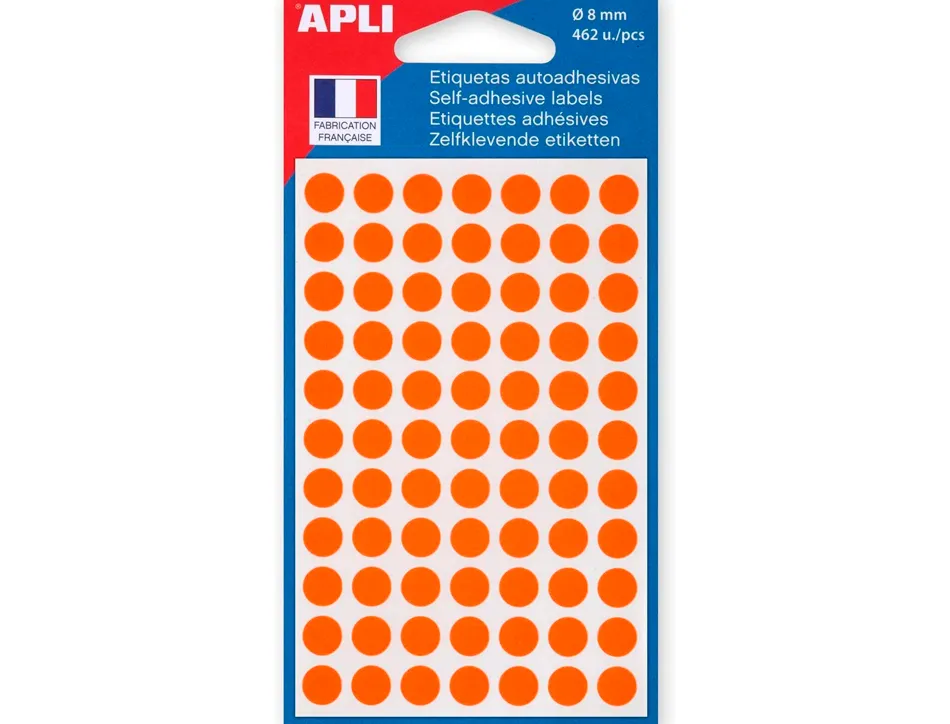 Pastille adhésive apli agipa diamètre 8mm permanente coloris orange pochette 462 unités