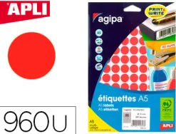 Pastille adhésive apli agipa diamètre 15mm coloris rouge étui a5 pochette 960 unités