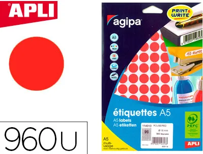 Pastille adhésive apli agipa diamètre 15mm coloris rouge étui a5 pochette 960 unités