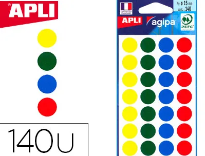 Pastille adhésive apli agipa diamètre 15mm coloris assortis pochette 140 unités