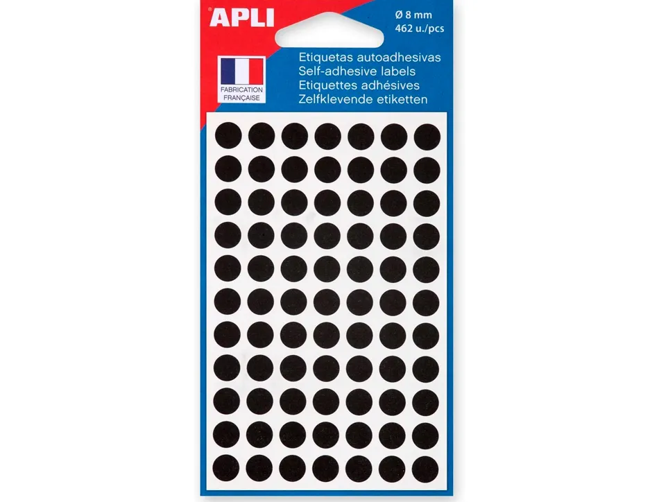 Pastille adhésive apli agipa diamètre 8mm permanente coloris noir pochette 462 unités