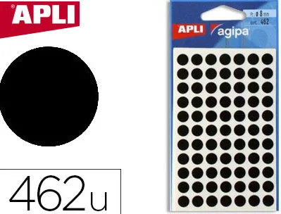 Pastille adhésive apli agipa diamètre 8mm permanente coloris noir pochette 462 unités