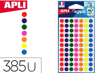 Pastille adhésive apli agipa diamètre 8 mm coloris assortis pochette 385 unités