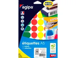 Pastille adhésive apli agipa diamètre 24mm coloris assortis pochette 280 unités