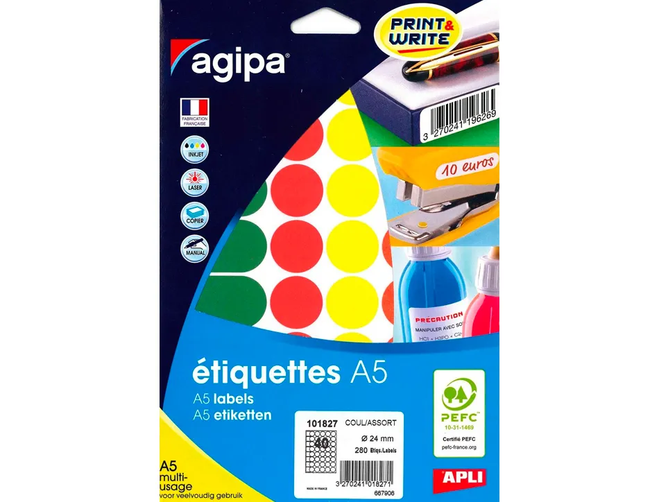 Pastille adhésive apli agipa diamètre 24mm coloris assortis pochette 280 unités
