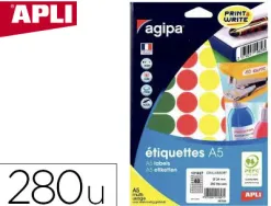 Pastille adhésive apli agipa diamètre 24mm coloris assortis pochette 280 unités