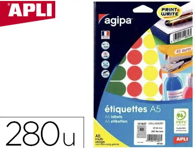 Pastille adhésive apli agipa diamètre 24mm coloris assortis pochette 280 unités