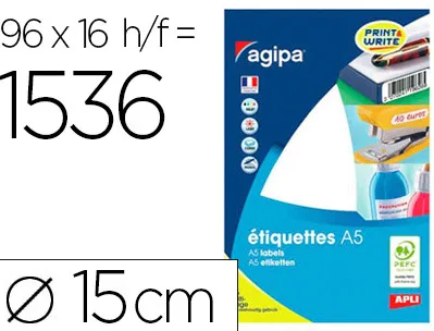 Pastille adhésive apli agipa diamètre 15mm coloris blanc pochette 1536 unités