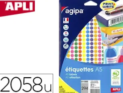 Pastille adhésive apli agipa diamètre 8mm permanente coloris assortis pochette 2058 unités