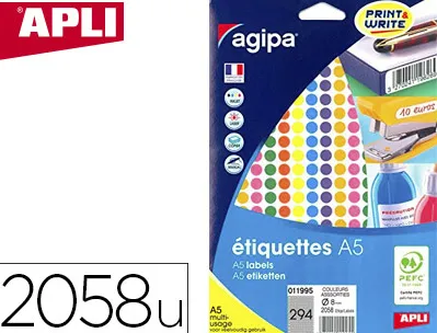 Pastille adhésive apli agipa diamètre 8mm permanente coloris assortis pochette 2058 unités