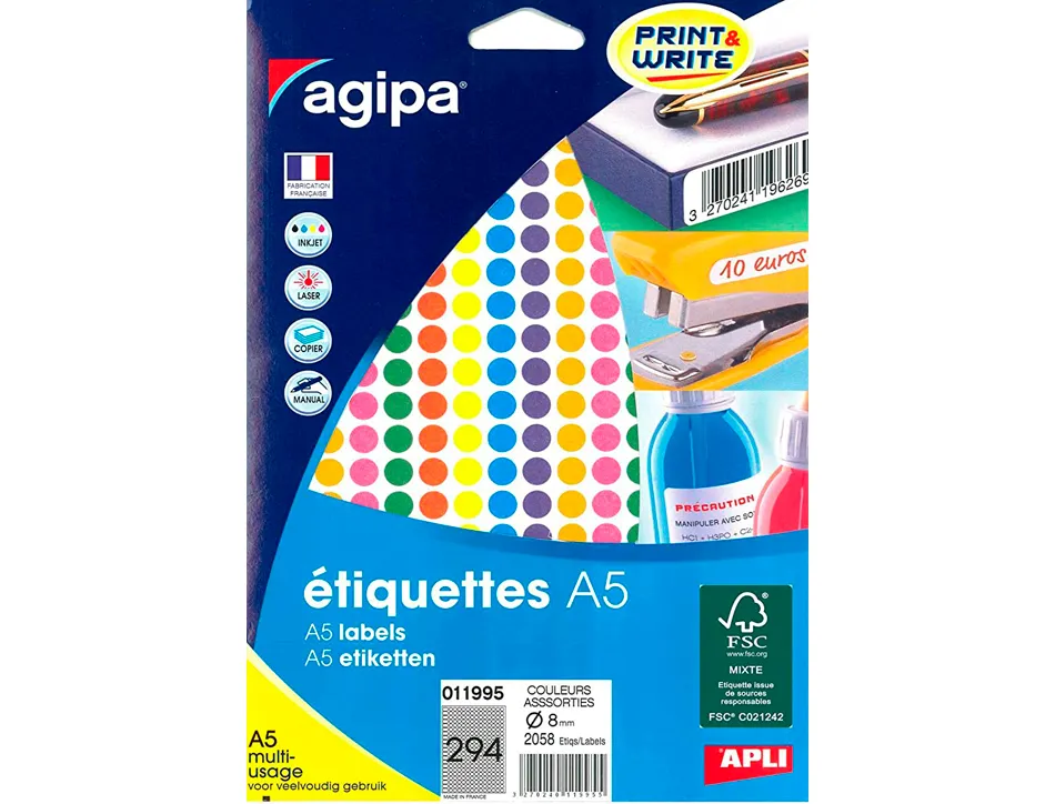 Pastille adhésive apli agipa diamètre 8mm permanente coloris assortis pochette 2058 unités