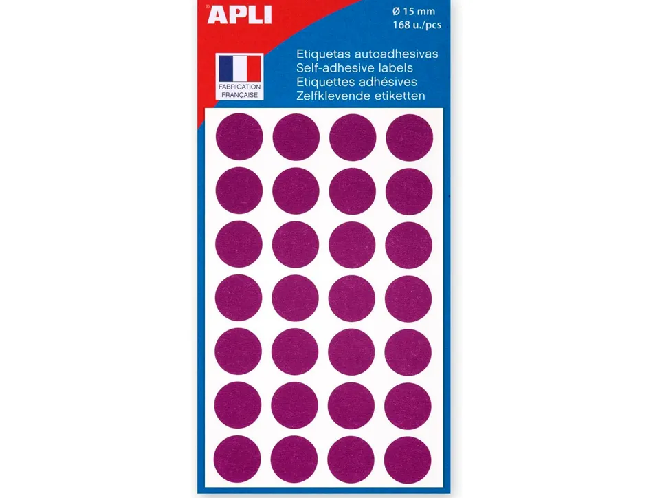 Pastille adhésive apli agipa diamètre 15mm permanente coloris violet pochette 168 unités
