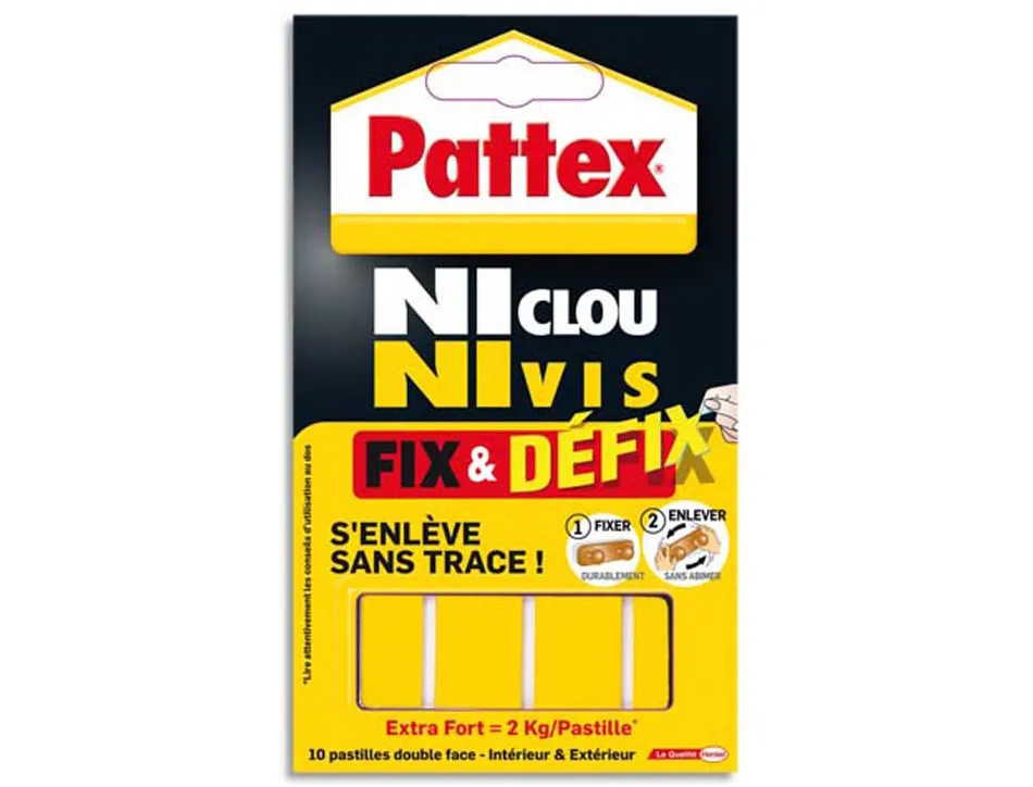 Pastille adhésive pattex ni clou ni vis double face supporte 2.75kg fix défix étui 10 pastilles