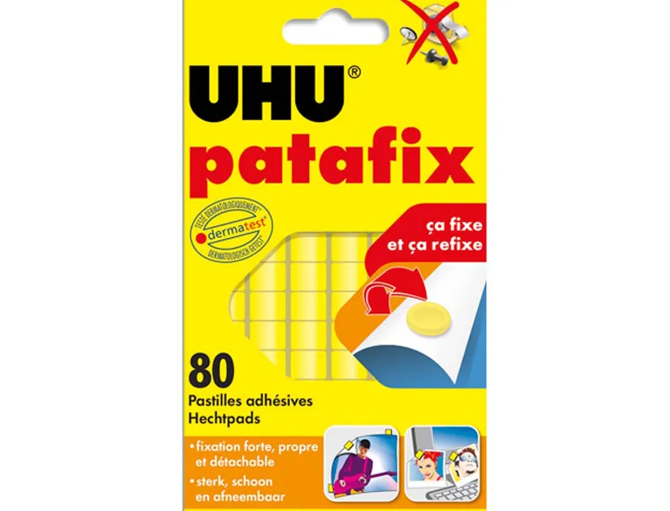 Pastille adhésive uhu patafix fixe momentanément définitivement documents objets coloris jaune sachet 80 unités