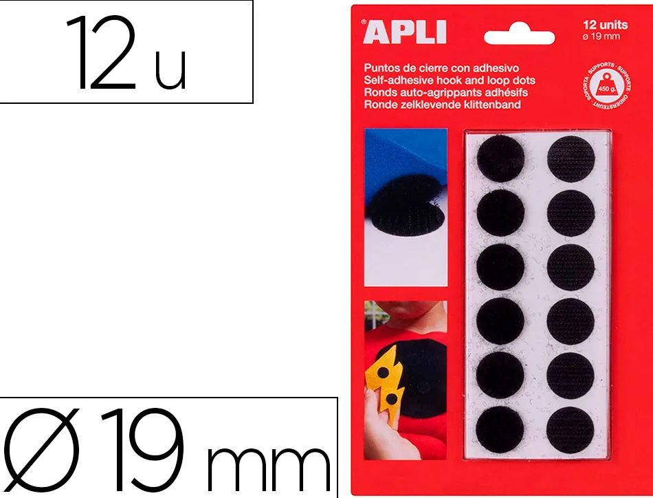 Pastilles apli rondes auto agrippant adhesif diametre 19mm noir . blister de 12