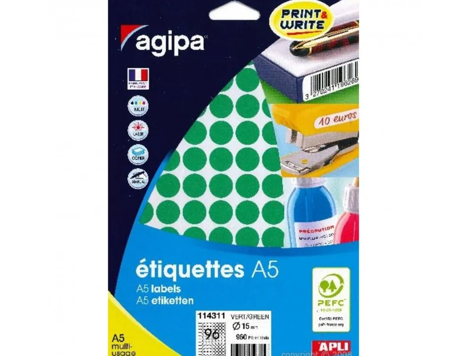 Pastilles multi-usage 15mm pochette de 10 coloris vert 960 unites